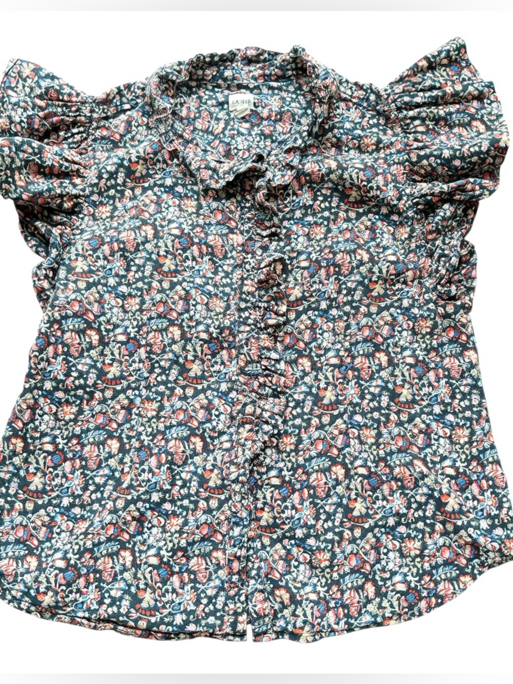 La Vie Rebecca Taylor Navy Floral Ruffle Blouse Cottage Prairie Boho Romantic M